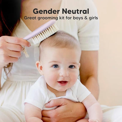 Baby Hair Brush Set for Newborns - Soft Goat Bristle Wooden Baby Brush and Comb Set Newborn Grooming Kit for Cradle Cap, Durable & Gentle, Boy, Girl Infant Essentials Care Kit (Regular, Thistle)