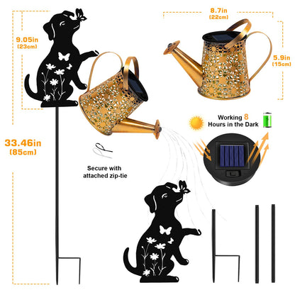 ZFNN Solar Garden Decor Lights, Outdoor Waterproof Solar Watering Can with Cascading Lights, Metal Dog Silhouette Stake Yard Art for Outside Lawn Patio, Unique Gardening Gifts for Women Mom