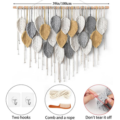 KHOYIME Large Macrame Wall Hanging Boho Woven Tapestry, Chic Modern Home Decor Bohemian Farmhouse Handmade Leaf Feather Wall Art Decorations for Living Room Bedroom Nursery Dorm Backdrop 39"W X 29.5"L
