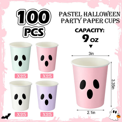 Jingmore 100 Count Summer Halloween Paper Cups 9 oz Disposable Hot/cold Beverage Drinking Cups for Girly Pastel Halloween Party Supplies Decoration(Ghost Face)