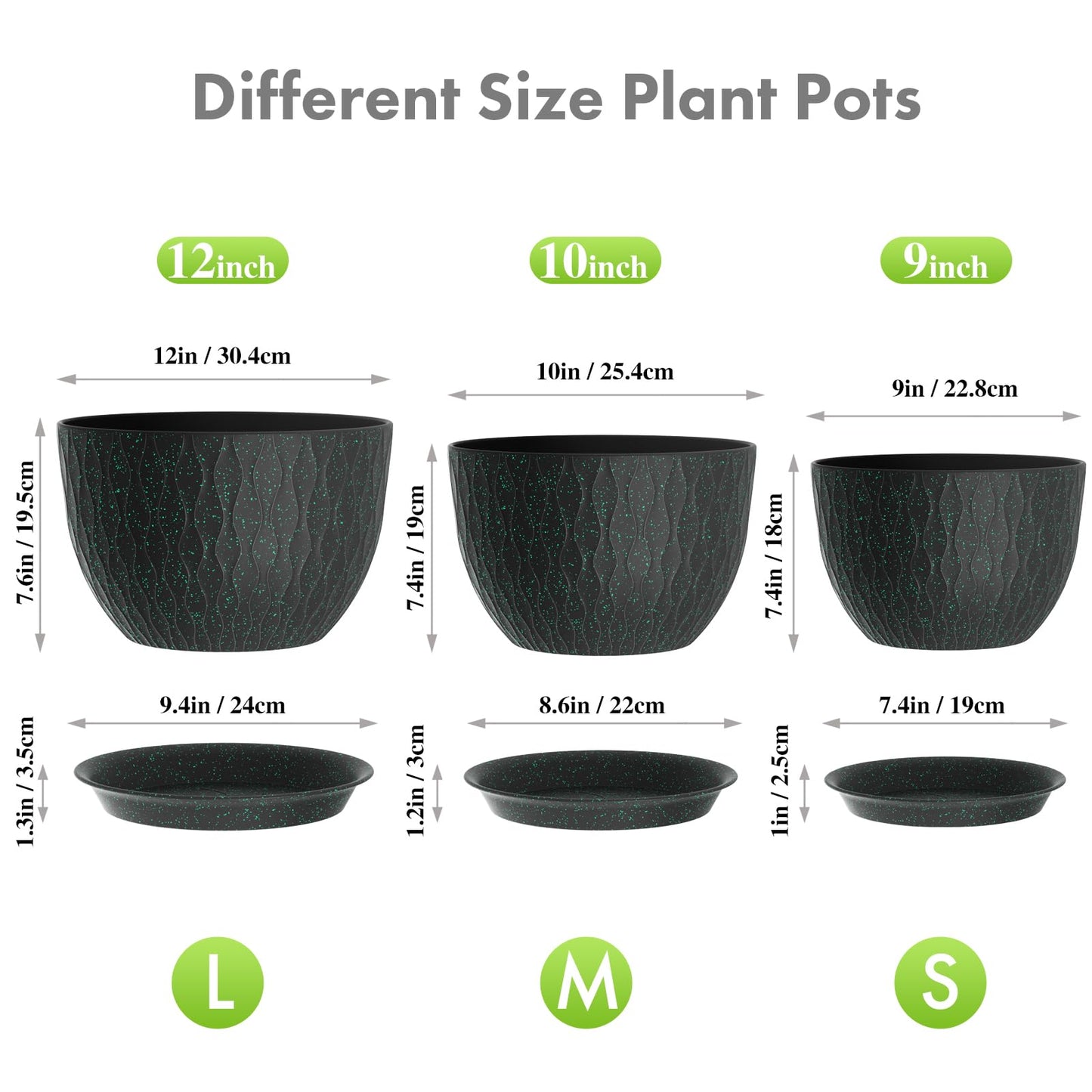 Meowell 12/10/9 inch Large Plant Pots, 3 Pack Wide Flower Pots for Outdoor Indoor Plants, Water Ripples Plastic Planters with Drainage Holes and Saucers for Garden House, Black with Green Speckles
