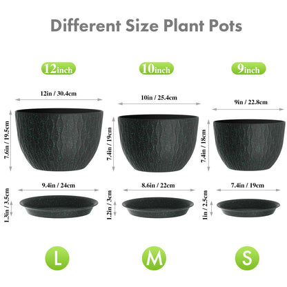 Meowell 12/10/9 inch Large Plant Pots, 3 Pack Wide Flower Pots for Outdoor Indoor Plants, Water Ripples Plastic Planters with Drainage Holes and Saucers for Garden House, Black with Green Speckles
