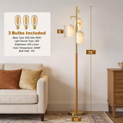 G-SAFAVA 70" Wood Floor Lamp Dimmable Floor Lamps for Living Room Bedroom Mid Century Modern Floor Lamp Gold Standing Lamp Tall Lamps for Office Nursery Reading Elegant Stand Up Lamp, 3 Bulbs Included