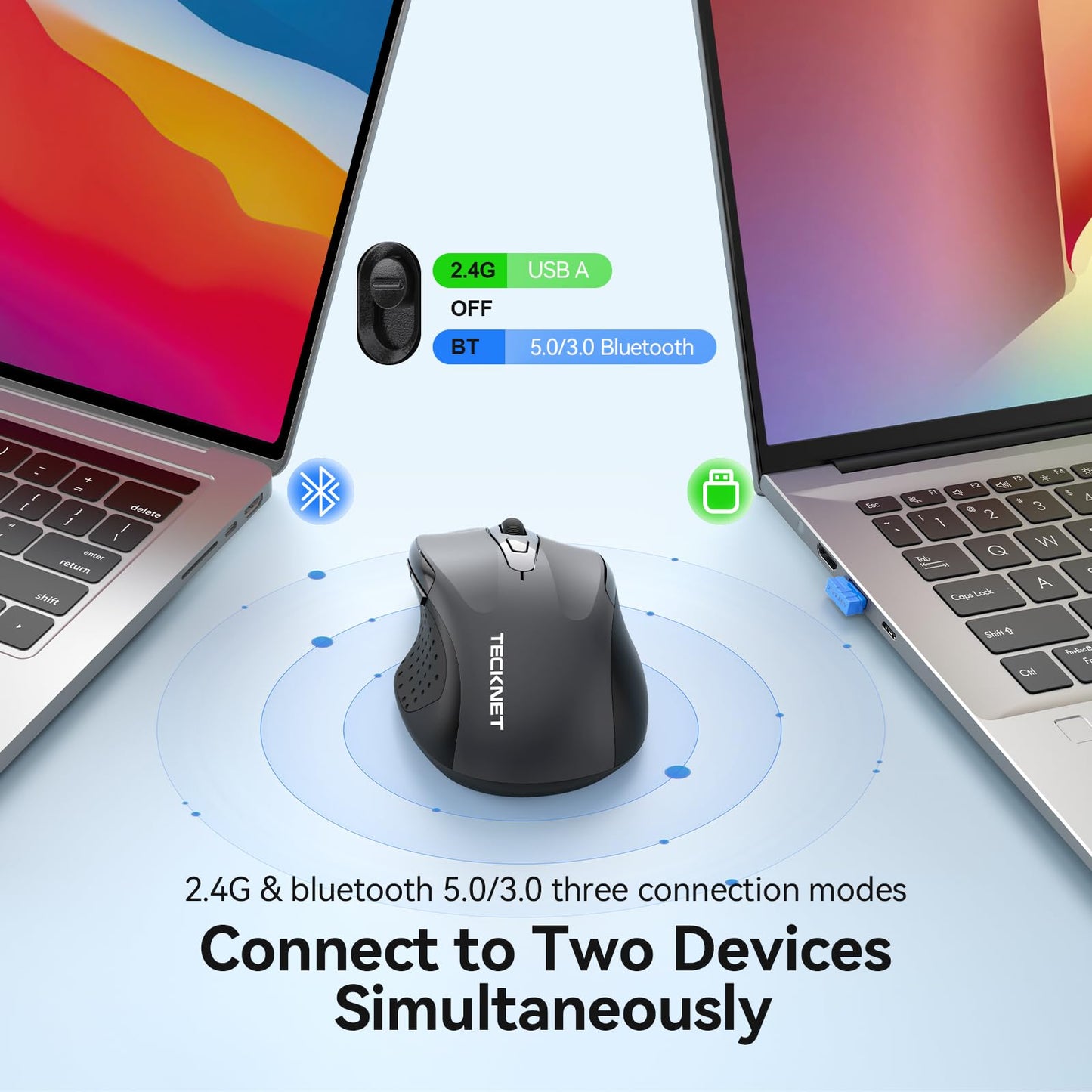 TECKNET Rechargeable Jiggler Wireless Mouse (BT5.0/3.0 & 2.4G) 4800 DPI Silent USB A & Bluetooth Mouse 6 Buttons, Wide Compatibility - Black