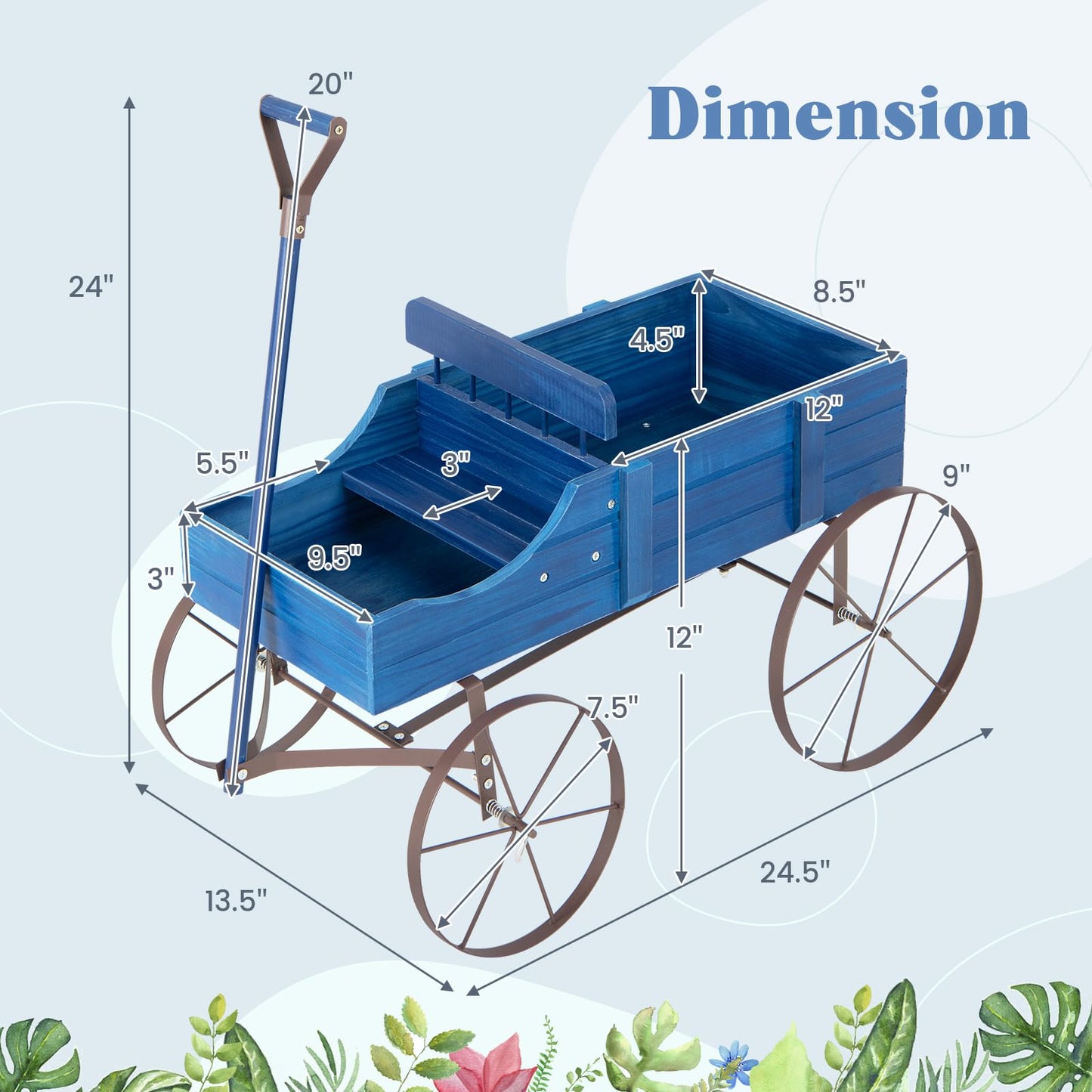 Giantex Decorative Garden Planter, Small Wagon Cart with Metal Wheels, Wood Raised Beds Plant Pot Stand for Backyard Garden Patio 24.5”Lx13.5”Wx24”H (Blue)