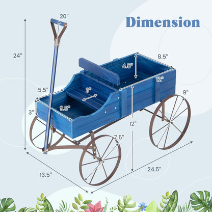 Giantex Decorative Garden Planter, Small Wagon Cart with Metal Wheels, Wood Raised Beds Plant Pot Stand for Backyard Garden Patio 24.5”Lx13.5”Wx24”H (Blue)