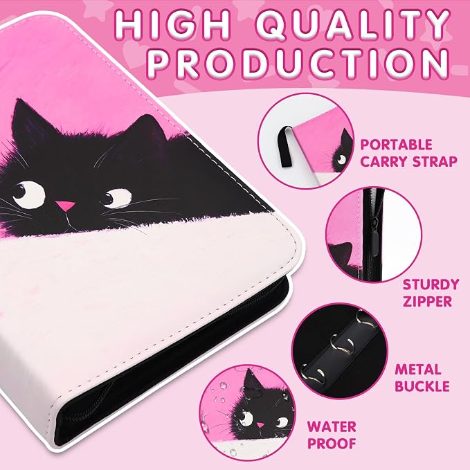 Cute Cat Card Binder, 400 Pocket Card Album for Girls Gifts, Black Cat kitten Trading Game Card Holder Album for Standard Size Cards, Collectible Game Collection Case (Pink)