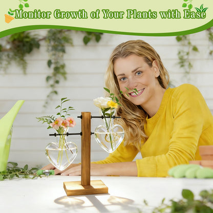 XXXFLOWER Plant Terrarium Wooden Stand, Hydroponic Planter Bulb Glass Metal Swivel Holder Retro Air Plants Water Plants for Home Office Decoration,Gifts for Plant Lover Wife Mom- 2 Love Bulb Vase