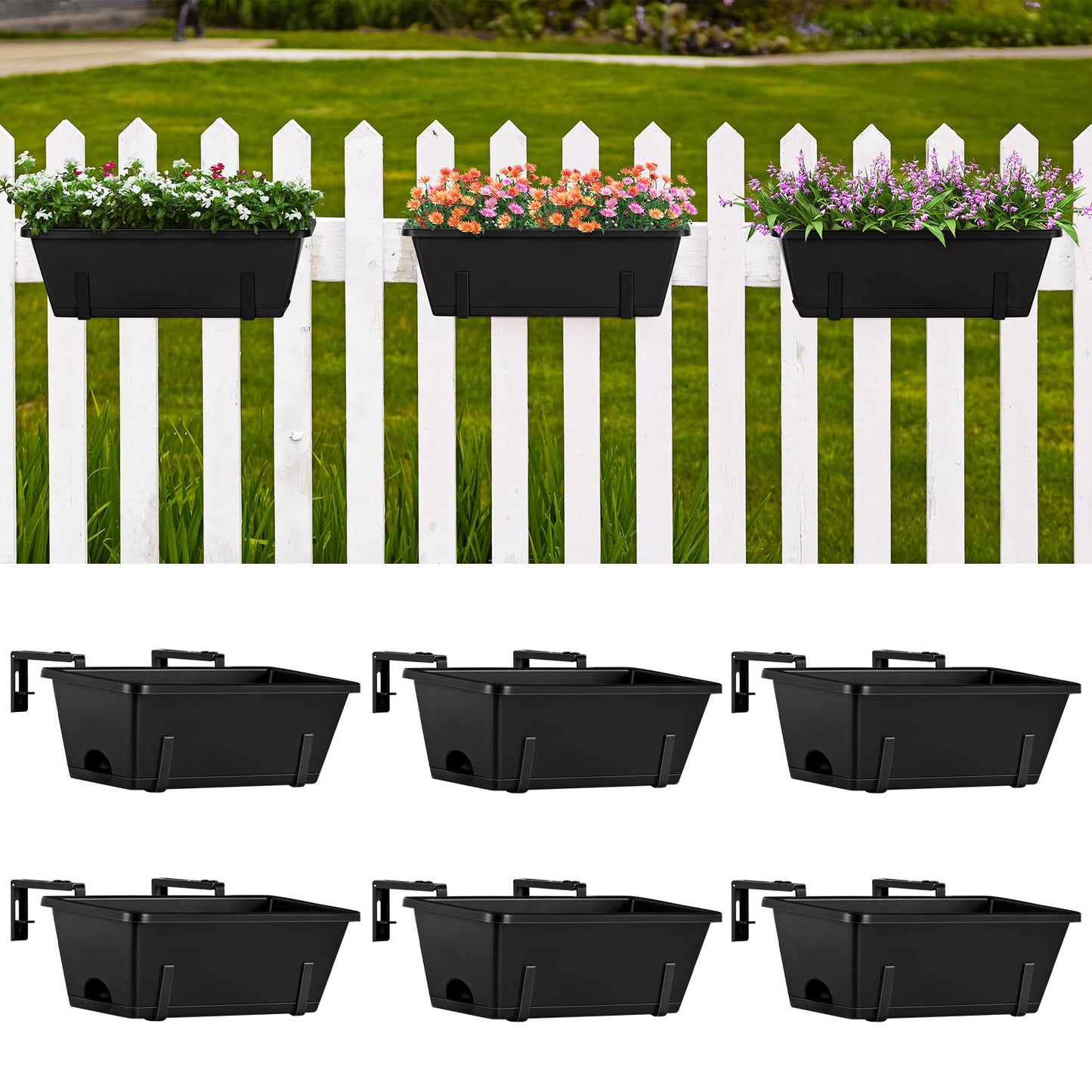 ETELI Railing Planter Hanging and Planter Box Brackets Set 6 Pack Adjustable Deck Window Boxes Planters with Drainage Holes for Garden Railing Fence, Black