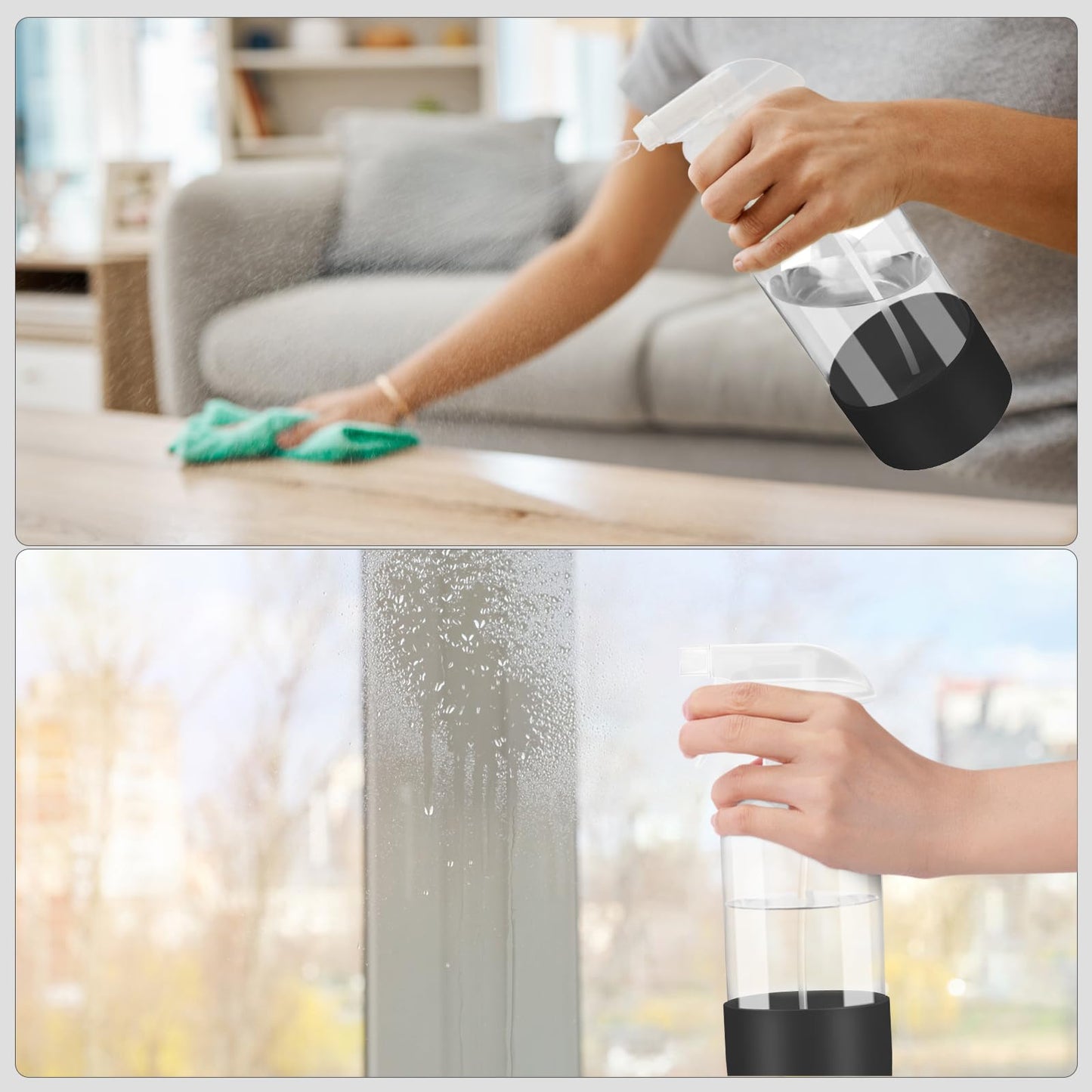 Worldgsb 2 Pack Glass Spray Bottles with Silicone Sleeve, 16 oz Empty Refillable Containers with Adjustable Spray Nozzles, Spray Bottles for Hair, Cleaning Solutions and Plants Black