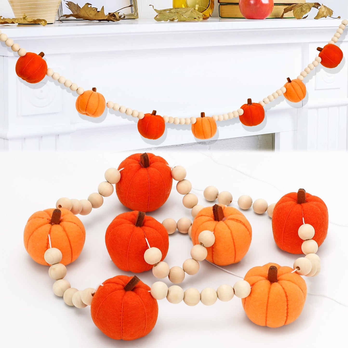 JarThenaAMCS Fall Felt Pumpkin Garland 8.2FT Wood Bead Garland with 3D Pumpkin Autumn Hanging Banner for Thanksgiving Home Wall Fireplace Decor