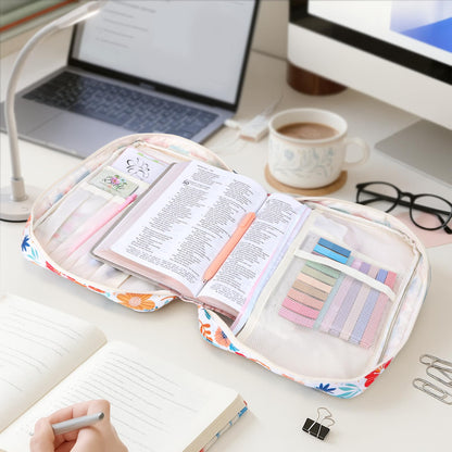 XKDOUS Bible Cover Case for Women Floral Pattern Bible Bag with Handle, Pens & Tabs, Study Supplies Carrying Case Organizer Portable Church Book Holder