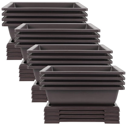 JEUIHAU 16 Pack 9 Inch Bonsai Training Pots with Tray, Rectangular Plant Pot with Drainage Hole, Brown Bonsai Tree Pot, Plastic Bonsai Planter Pots for Succulent, Herb, Flower, Potted Plant