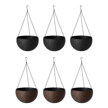 LaLaGreen Bundle- 3 Pack, 11 Black + 3 Pack, 11 Inch Brown Self Watering Hanging Plastic Basket Rattan Style Round Plant Flower Pots with Water Level Indicator Balcony Porch Modern Indoor Garden Decor