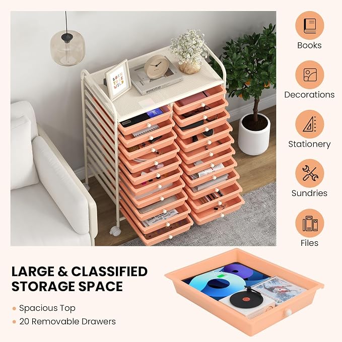 Giantex 20 Drawers Rolling Cart, Mobile Storage Drawer Cart, Classroom Organizer for Office School Supplies Tools Scrapbook Paper Craft Small Printer, Utility Stand on Wheels, Peach