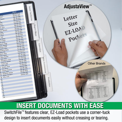Ultimate Office SwitchFile Reference Organizer Displays Both Landscape or Portrait Documents, Desk or Wall Mount, Featuring, 10 EZ-Load Pockets to Hold 20 Sheets of Paper, Black Pockets