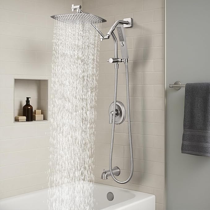 G-Promise All Metal 10 Inch Rain Shower Head with Massage Mode Handheld Spray Combo, 3-Way Diverter with Pause Setting, Full Body Coverage, Modern Bathroom Upgrade (Brushed Nickel)