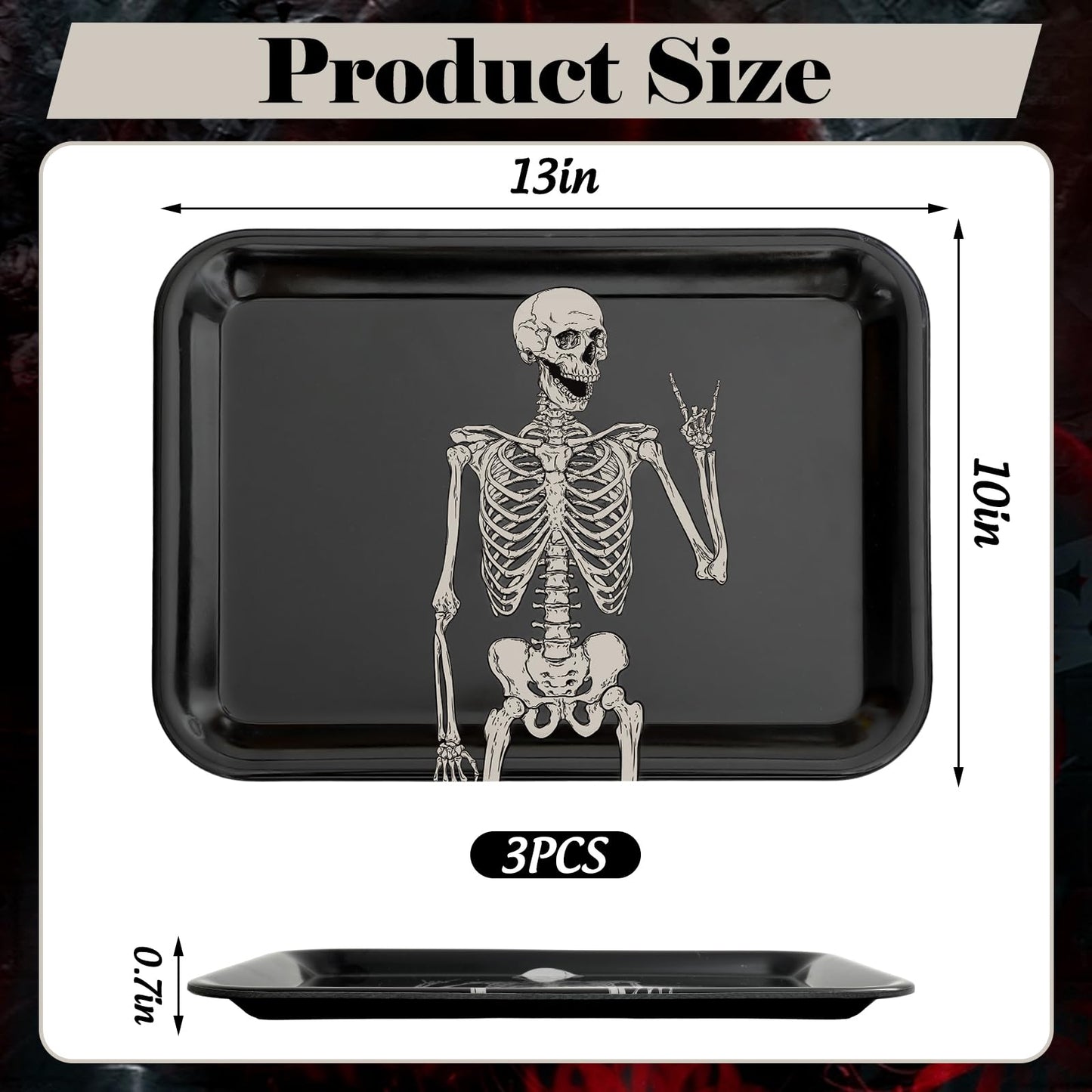 Whaline 3Pcs Halloween Serving Trays Black Skeleton Plastic Platter Serving Dishes Reusable Trays for Party Sharing Snack Fruit Dessert Supplies, 10 x 13 Inch