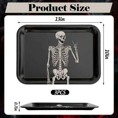 Whaline 3Pcs Halloween Serving Trays Black Skeleton Plastic Platter Serving Dishes Reusable Trays for Party Sharing Snack Fruit Dessert Supplies, 10 x 13 Inch