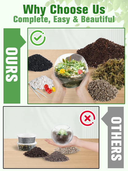 Terrarium Kit Adults - Includes Pumice, Moss, Soil, Pebbles, Charcoal, 2 Tools, Mushroom Ornaments for Succulent Cactus, Terrarium Accessories Decor Gifts for Starter Women
