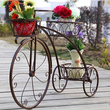 Wrought Iron Bicycle Home Garden Decor Iron Plant StandPlant Flower Pot Stand Flower Stand 3 Tiered Small Bicycle Display Rack Stand Holds for Garden Patio White