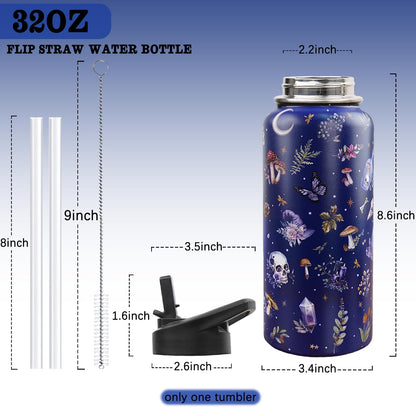 Insulated Goth Water Bottle 32 oz, Goth Gifts for Women, Halloween Gothic Water Bottle with Straw and Lid, Reusable Leakproof Tumbler Stainless Steel