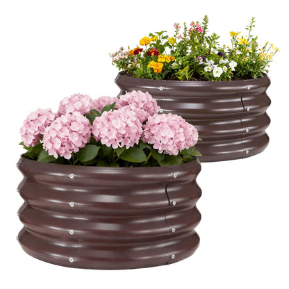 GOOZOO 2PC Galvanized Planter Raised Garden Beds, 2x2x1ft Raised Garden Bed Kit for Gardening Outdoor, Round Metal Land Planter Box for Vegetables, Fruits, Flowers（Brown）