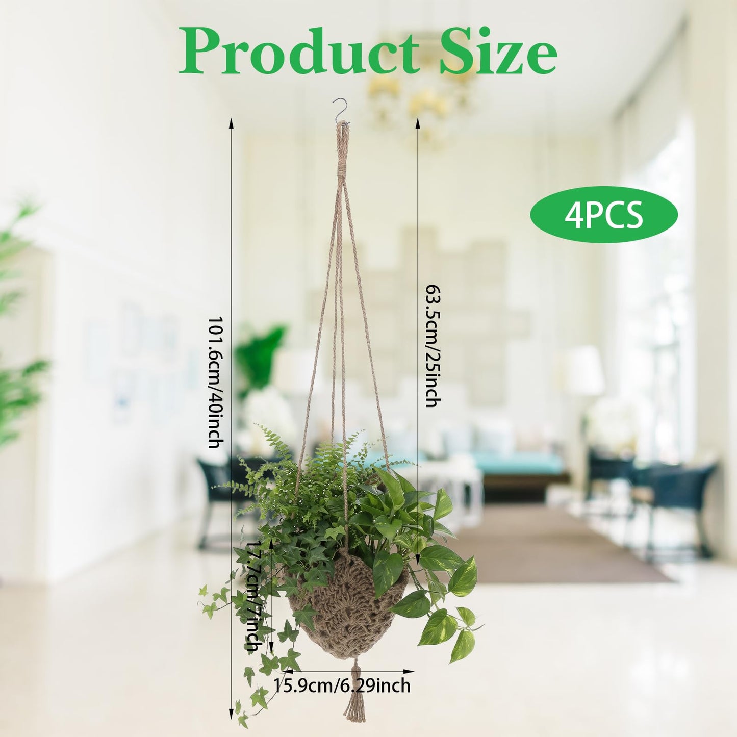 AOZUO 4 Pack Jute Crochet Long Plant Hanger for 3 Inch to 12 Inch Pots, Macrame Plant Hanger Macrame Plant Holder Rope with S Shaped Hooks for Indoor Outdoor Home Decor (Brown)