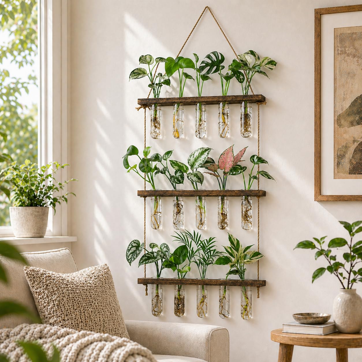 Monsiter QE 3 Tier Wall Hanging Propagation Stations with 15 Glass Test Tubes, Plant Terrarium Propagation Tubes Planter for Hydroponic Cuttings, Window Decor Gift for Plant Lovers