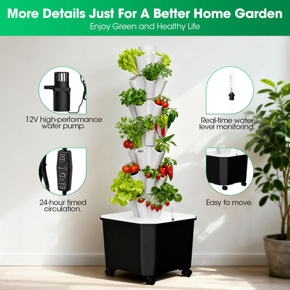 Vertical Hydroponic Tower,7Layer 35 Pods Tower Garden Growing System with 12V Water Pump& 24h Smart Timer,BPA-Free Modular Indoor/Outdoor for Hydroponic Gardening Lovers Planting Vegetables.45inch
