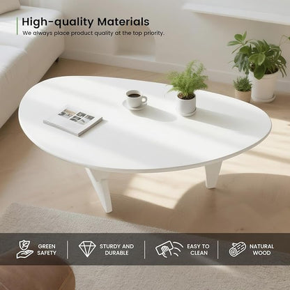 Solid Wood Triangle Coffee Table,Unique Mid Century Modern Oval Coffee Table,Irregular Geometric Tea Tables for Home Living Room with Wooden Tabletop and Reinforced Legs White 43" L x 31" W x 16" H