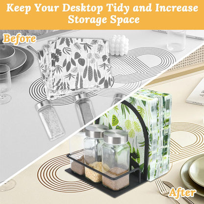 FHUIEWRY Napkin Holder for Table, Napkin Dispenser with 3pcs Salt Pepper Shakers Tree & Deer Design Metal Serviette Holder Basket, Standing Paper Napkin Storage for Kitchen Dining Table Decor, Black