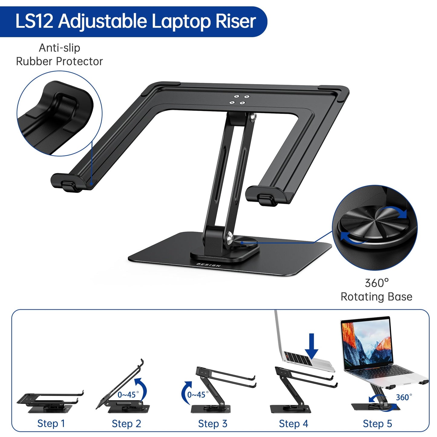 BESIGN LS12 Laptop Stand with 360° Rotating Base, Ergonomic Adjustable Notebook Holder, Computer Riser Stand Compatible with Air, Pro, Dell, HP, Lenovo More 10-14" Laptops (Black)
