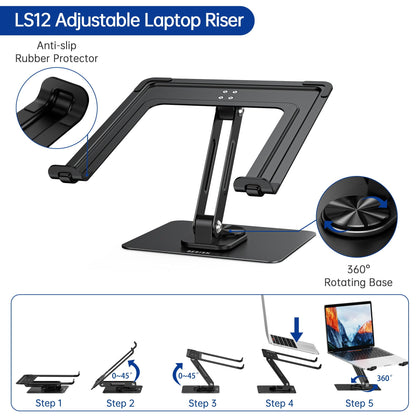 BESIGN LS12 Laptop Stand with 360° Rotating Base, Ergonomic Adjustable Notebook Holder, Computer Riser Stand Compatible with Air, Pro, Dell, HP, Lenovo More 10-14" Laptops (Black)