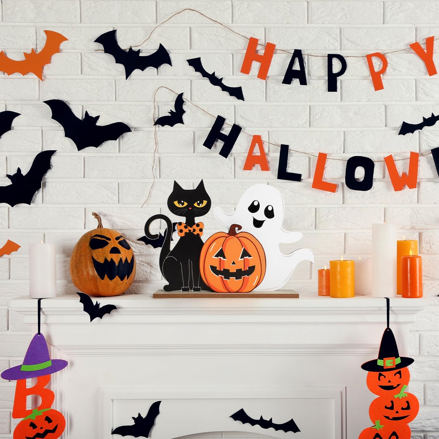 Halloween Decorations Indoor Wooden Black Cat Halloween Decor Ghost Table Sign Pumpkin Table Centerpieces Standing Tabletop Decoration for Holiday Desk Tiered Tray Party Shelf Decorations Farmhouse