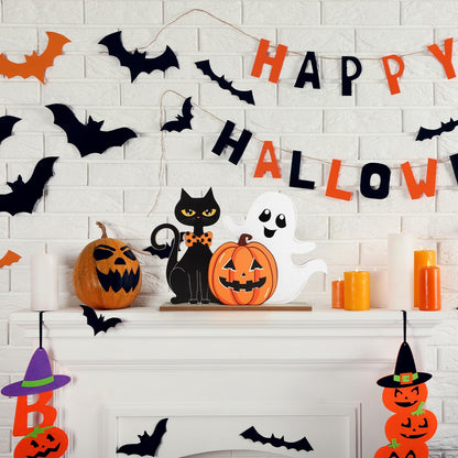 Halloween Decorations Indoor Wooden Black Cat Halloween Decor Ghost Table Sign Pumpkin Table Centerpieces Standing Tabletop Decoration for Holiday Desk Tiered Tray Party Shelf Decorations Farmhouse