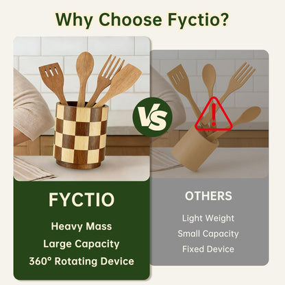 Fyctio Wooden Utensil Holder, 360° Rotating Acacia Wood Kitchen Utensil Holder for Countertop, 7.2" Non-Slip Large Utensil Holder for Kitchen, Farmhouse Countertop Decor, Spatula Holders, Checkered
