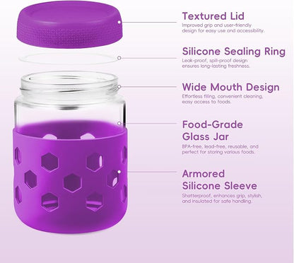 Gemice 6-Pack 16 oz Overnight Oats Containers with Lids and Silicone Sleeves, Glass Mason Jars with Airtight Lid, Dishwasher Safe, Wide Mouth Chia Seed Pudding Meal Prep Jar for Yogurt Berries Snack