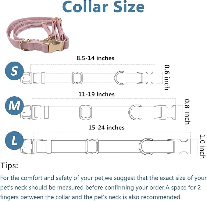 Leather Dog Collar and Leash Set 7FT Reflective at Night - Soft and Easy to Clean Vegan Leather with Gold Metal Buckle for Small Medium Large Dogs (L, Pink)
