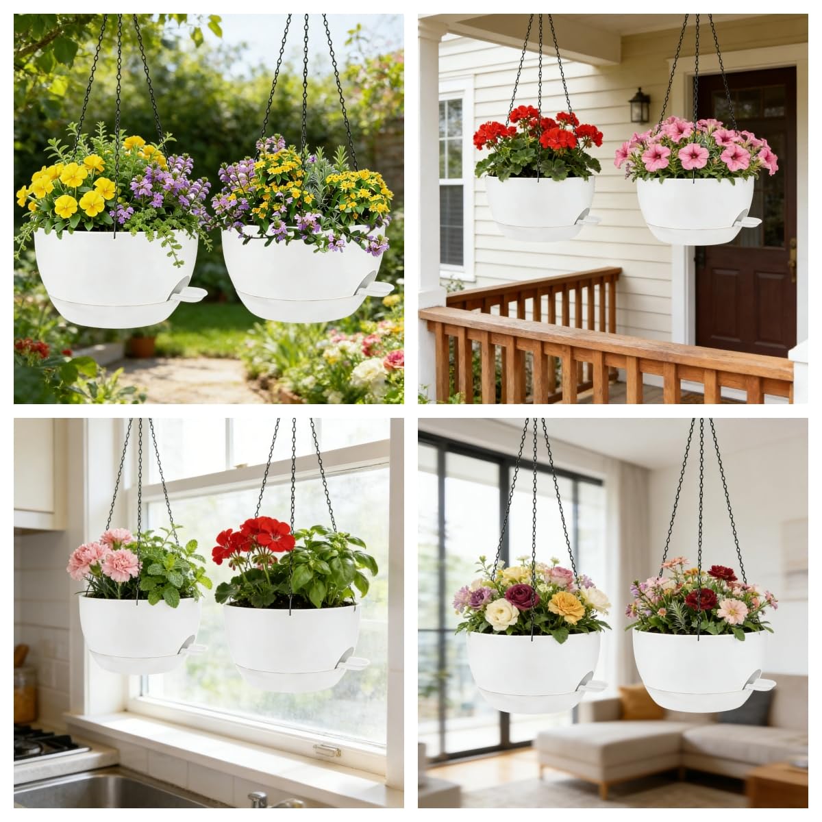 zople 2 Pack 12 Inch Self Watering Hanging Planters for Indoor Plants, Large White Plastic Hanging Pots with Chains for Outdoor Patio Garden Home Decor White