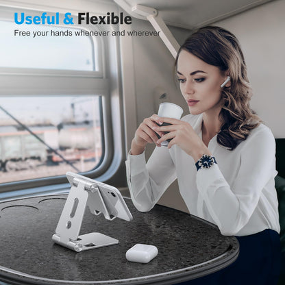 OMOTON Foldable Cell Phone Stand, C4 Portable Aluminum Phone Holder, Adjustable Phone Dock Cradle Compatible with iPhone 17/16/15 Pro Max Air, Samsung Galaxy, Small Tablets, All Smart Phones, Silver