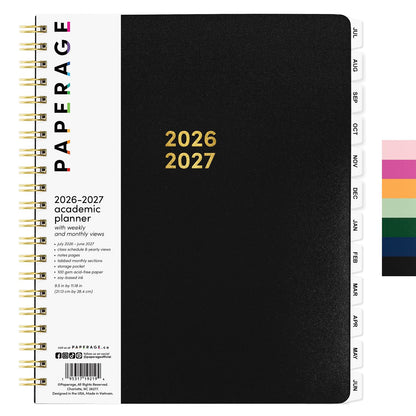 PAPERAGE Academic Planner, Weekly & Monthly Planner & Calendar, 12-Months, July 2026 - June 2027, (9.5" x 11"), School & Student Planning Agenda with Tabs, Bonus Pages & Inner Pocket, Black