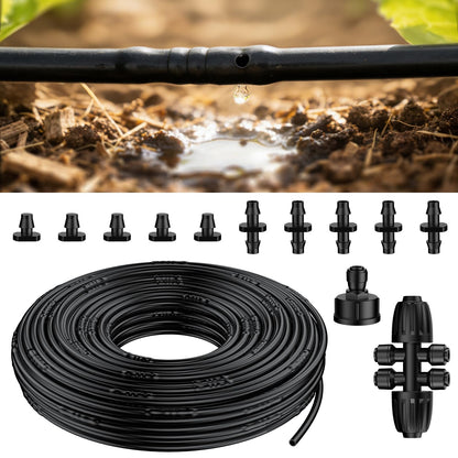 Pawfly 100 ft 1/4 Drip Irrigation Tubing, 1/4" Emitter Tubing with 6" Spacing, Polyethylene Drip Line with 12 Parts, Black Distribution Tubing for Drip Irrigation System, Drip Irrigation Hose Roll
