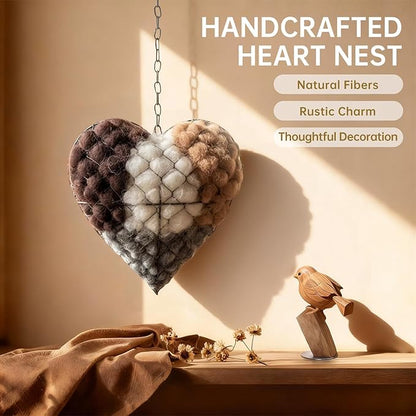 Handmade Alpaca Fiber Bird Nesting Heart – Refillable Bird Haven with 6 Nesting Material Refill Bags – Eco-Friendly Hanging Nest for Hummingbirds & Wild Birds, Garden & Yard Décor (3Sets)