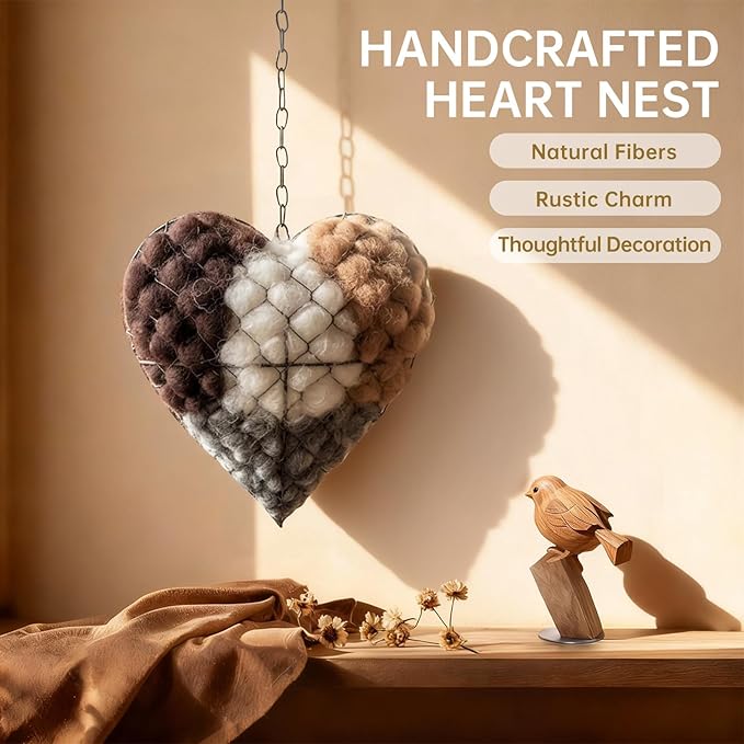 Handmade Alpaca Fiber Bird Nesting Heart with 2 Refill Bags, Reusable Nesting Material Accessory for Wild Birds, Outdoor Garden Decoration, Gift for Bird & Nature Lovers (1 Sets)