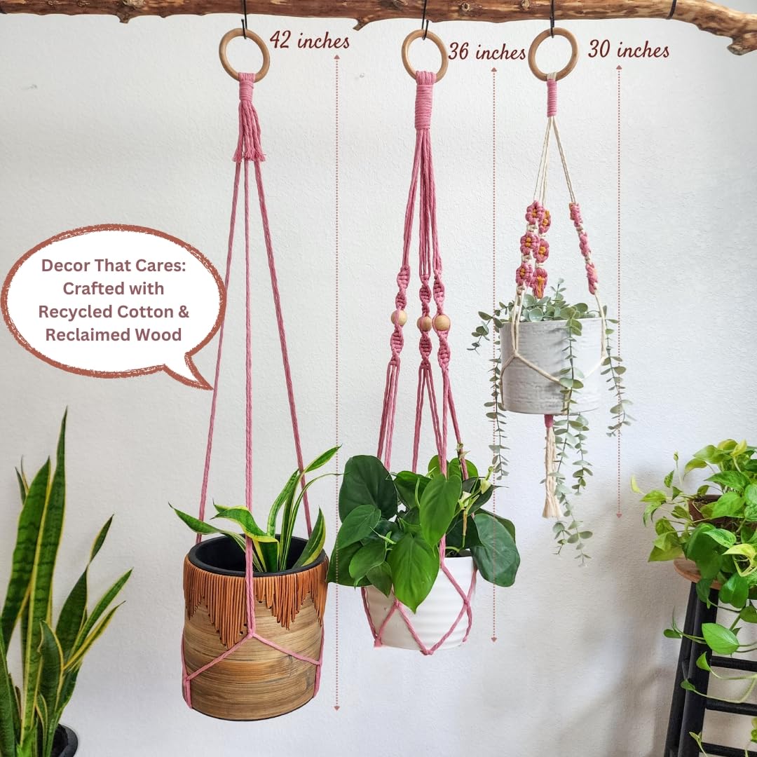 Set of 3 Macrame plant hangers with Daisies & Beads Hanging plant holder Macrame Plant hangers outdoor and indoor hanging planters Plant stand indoor Boho Decor hanging planter stand (Champagne Pink)