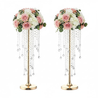 21.7in Tall Gold Vases for Table Centerpieces - 2pcs of Metal Flower Stands with Sparkling Crystal Beads, Elegant Flower Vases for Anniversary Birthday Party Christmas Event Wedding Home Decor