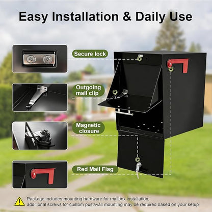 XL Post-Mount Mailbox, Weather Resistant, Large Outdoor Mailboxes, Galvanized Steel Heavy Duty Mailbox, Easy to Install, Flag Included, Anti-Theft Locking Mailbox with 2 Keys
