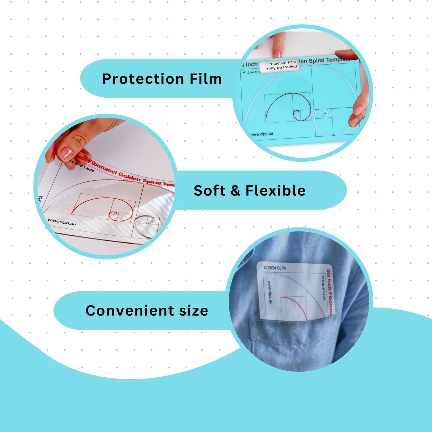 Fibonacci 2-Piece Template Set — 6" Square and Spiral — Golden Ratio Drawing Tools — Fibonacci Art and Drafting Stencils — Clear PETG — Made in Australia