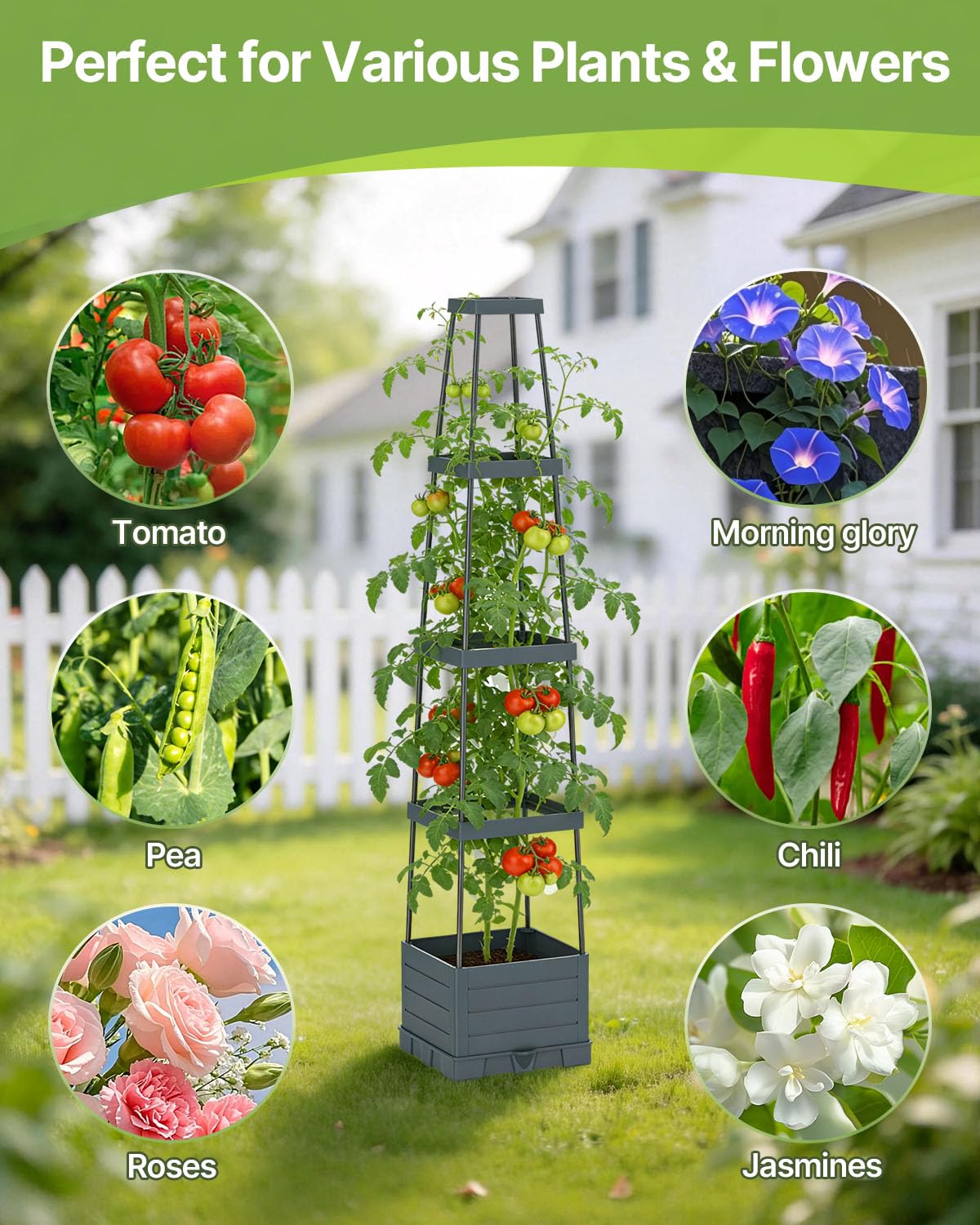 Suteck Raised Garden Bed Planter Box with Trellis, 2-Pack Self-Watering Tomato Planter with Adjustable Height Steel Support Frame for Climbing Plants, Tomato Cages for Patio, Balcony & Outdoor